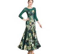 Costume Da Ballo Da Sala Stampato Abiti Moderni Standard Nazionali Con Giunture A Rete Elegante Abbigliamento Da Ballo Per Spettacoli Di Cha Cha Cha Abito Da Ballo in Pizzo Per Prove Di Valzer,Verde,S