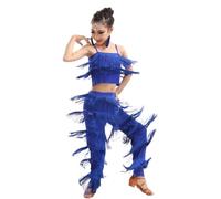 Costume da Ballo for Bambina con Frange, Top Corto E Pantaloni, 2 Pezzi, Salsa, Tango, Nappa, Vestito da Ballo Latino, Costumi da Competizione (Color : Blue, Size : 110cm)