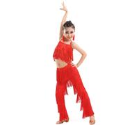 Costume da Ballo Latino con Frange per Ragazze, Ballo da Sala, Ballo da Sala, Ballo da Sala, cha cha cha, Salsa, Rumba, Tango, Bretelle, Pantaloni, Sottoveste, Set da Ballo,Rosso,140