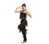 Costume da Ballo Latino con Frange per Ragazze, Ballo da Sala, Ballo da Sala, Ballo da Sala, cha cha cha, Salsa, Rumba, Tango, Bretelle, Pantaloni, Sottoveste, Set da Ballo,Nero,160