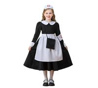 Costume da bambina con scollo a V e vestito a maniche lunghe, set da 5 pezzi, grembiule, cappello, fascia da braccio, zaino, costume da dottore per bambini, per Halloween, scuola, abiti (nero, 8-9