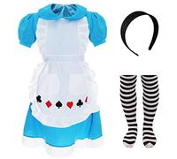 Costume da bambina curiosa - S - vestito blu con grembiule, fascia nera e collant a righe - costume per ragazze World Book Day Book Week