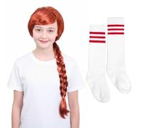 Costume da bambina ribelle - XL - parrucca rossa a treccia e calzini a righe rosse e bianche - Set di accessori per costume da ragazza per la scuola e la settimana del libro per la Giornata mondiale
