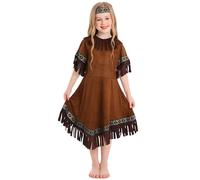 Costume da bambino indiano, abito con frange, cintura e acconciatura, set di 3 pezzi, vestito di Halloween, costume per carnevale, festa a tema, abbigliamento cosplay, marrone, 4-6 Anni
