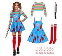 Costume da bambola killer da donna, 5 pezzi, vestito da film spaventoso per | Abito grembiule blu, top a righe, calze, adesivi, puntello coltello, spalla fredda, tasca frontale, vita laterale ritagliata