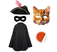 Costume da bandito da gatto per bambini, mantello nero, cappello tricorno, maschera da gatto arancione, maschera per gli occhi nera, vernice facciale arancione e bianca, per bambini e bambine