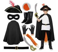 Costume da bandito per bambini, 9 pezzi, include mantello nero, maschera, cappello, coda, gonfiabile, guanti, pittura per il viso e cintura, costume da eroe felino per la Giornata mondiale del libro e