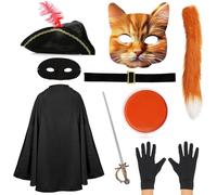 Costume da bandito per gatti adulti, mantello nero, cappello tricorno, maschera per gli occhi, spada finta, coda di gatto, guanti neri, cintura, vernice facciale arancione e bianca, per uomo e donna
