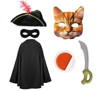 Costume da bandito per gatti adulti, mantello nero, cappello tricorno, maschera per gli occhi, spada gonfiabile, vernice facciale arancione e bianca, per bambini, unisex, costume da film TV