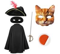 Costume da bandito per gatti, mantello nero, cappello tricorno, maschera per gli occhi, spada finta, vernice facciale arancione e bianca, per bambini, ragazzi e ragazze