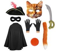 Costume da bandito per gatti per bambini, mantello nero, cappello tricorno, maschera per gli occhi, spada gonfiabile, coda di gatto, guanti neri, vernice facciale arancione, per bambini e ragazze