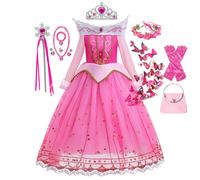 Costume da Bella Addormentata per Ragazze Aurora Abito a Maniche Lunghe con Spalle Scoperte Bambini Halloween Natale Fantasia Festa Principessa Abbigliamento