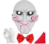 Costume da Billy il burattino, maschera, guanti, papillon e tasca quadrata per Halloween, cosplay e feste spaventose