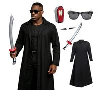 Costume da cacciatore di vampiri per adulti, giacca da spolverino nera, spada da samurai gonfiabile, zanne, baffi e occhiali da sole, costume gotico da cacciatore notturno