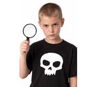 Costume da cacciatorpediniere per bambini con maglietta nera per Halloween | t-shirt con stampa teschio, lente d'ingrandimento, nero, look cattivo di Halloween, costume per la giornata mondiale del