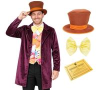Costume da capo della fabbrica di cioccolato per adulti, taglia M, colore viola, gilet con stampa caramella, cappello a cilindro, papillon dorato e biglietto dorato, per uomo, per la Giornata mondiale