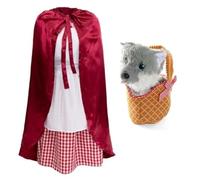 Costume da Cappuccetto Rosso con Canestro, mantello rosso con cappuccio, vestito rosso e bianco, con grembiule bianco, cestino morbido e lupo giocattolo grigio, perfetto per la Giornata mondiale del
