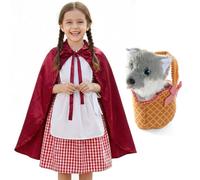 Costume da Cappuccetto Rosso da Bambina, 4 pezzi, con grembiule bianco attaccato e mantello rosso, cesto morbido e lupo di peluche, costume da favola per Halloween