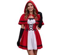Costume da Cappuccetto Rosso, da donna, con cappuccio, mantello e guanti | Colore rosso e bianco, decorazione con fiocco, finiture in pizzo, tessuto leggero che consente un facile movimento mentre si