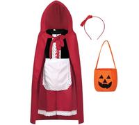 Costume da Cappuccetto Rosso, per bambine dai 10 ai 12 anni, include mantello, fascia, borsa da zucca, grembiule, per feste di Halloween