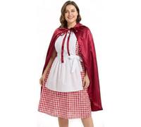 Costume da Cappuccetto Rosso - XXL - Vestito a quadretti rosso e bianco con grembiule bianco attaccato, mantello lungo rosso con cappuccio, costume da fiaba da donna per la Giornata mondiale del libro