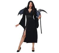 Costume da Carnevale di Halloween da donna, abito lungo nero con cappuccio, scollo a V con maniche a campana, abito da strega seducente con spacco sul lato vestito gotico, Nero , M