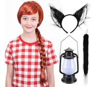 Costume da casa stregata da bambina ribelle - parrucca rossa intrecciata, orecchie da gatto, coda di gatto sottile, lanterna - set di accessori per costume da ragazza per la scuola e la Giornata