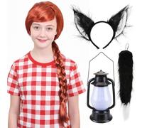 Costume da casa stregata da bambina ribelle - parrucca rossa intrecciata, orecchie da gatto, coda di gatto jumbo, lanterna - set di accessori per costume da ragazza per la scuola e la settimana