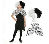 Costume da cattiva, da bambina, 3 pezzi, mantello con stampa dalmata, abito nero con frange e parrucca bicolore, festa del libro, costume per bambini