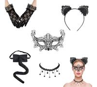 Costume da Catwoman per Donna, Set con Orecchie di Pizzo, Coda, Maschera, Guanti e Collana, Costume per Halloween, Feste e Party a Tema, Taglia Unica