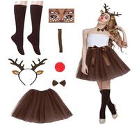 Costume da cervo da donna con gonna in tulle marrone, cerchietto per capelli, cerchietto per il viso, calze, papillon, naso rosso brillante con coda di renna, costumi di carnevale, costume da caffè