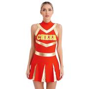Costume da cheerleader lucido donna, vestito ballo con stampa plissettata, studentessa sexy e giovanile(Red,M)
