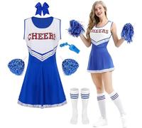 Costume da cheerleader per donna,Vestito Cheerleader Costume con Pon Pon Cheerleader,Uniforme da cheerleader,Costume di carnevale di Halloween per adulti per feste cosplay per ragazze (Blu, L)