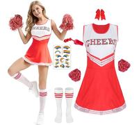 Costume da cheerleader per donna,Vestito Cheerleader Costume con Pon Pon Cheerleader,Uniforme da cheerleader,Costume di carnevale di Halloween per adulti per feste cosplay per ragazze (Rosso, M)