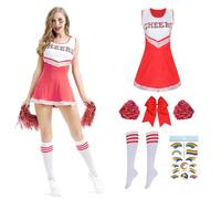 Costume da cheerleader per donna,Vestito Cheerleader Costume con Pon Pon Cheerleader,Uniforme da cheerleader,Costume di carnevale di Halloween per adulti per feste cosplay per ragazze (rosso, L)