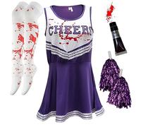 Costume da Cheerleader per Halloween - Zombie Adulti, Cheerleader Morta - Con Tubo di Sangue, Calza - Viola, Taglia S
