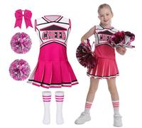 Costume da cheerleader per ragazze, 5 pezzi, in stile classico, con anello da tirare, pompon, top, gonna, calze e fascia, per eventi scolastici di Halloween per la Giornata mondiale del libro 2026
