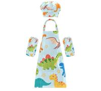 Costume da chef creativo con dinosauri colorati e carini con sfondo blu, grembiule con tasche per cucinare, cuocere, dipingere, artigianato, arte 3-12 anni, Cartone animato colorato dinosauri carino