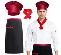 Costume da Chef Hibachi per Donna Uomo, Grembiule Cucina Nero con Tasca, Cappello Chef Rosso con Cravatta Regolabile, Teppanyaki Accessori per Halloween Cappello Cuoco per Adulti