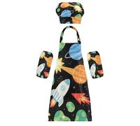 Costume da chef per bambini, comodo, con razzi e pianeti, grembiule regolabile con tasche, per bambini dai 3 ai 12 anni, Cartoon razzi e pianeti nero, S