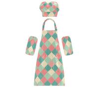 Costume da chef per bambini, impermeabile, rosa, turchese, motivo a griglia, moderno, regolabile, con tasche, per ragazzi e ragazze dai 3 ai 12 anni, Motivo a griglia rosa turchese moderno, S