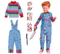 Costume da Chucki per Halloween, costume a tema film horror killer con coltello da sangue/adesivi con tatuaggi horror, top a righe con salopette blu, costumi di Halloween spaventosi - M