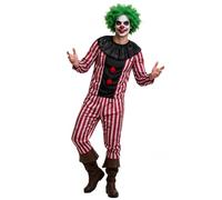 Costume da clown a righe spaventoso da uomo, 2 pezzi top e pantaloni corti | Colletto nero con volant, decorazione con pompon, abito da clown raccapricciante vintage, cosplay di Halloween e