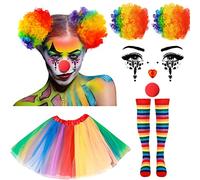 Costume da clown da donna, 6 pezzi, parrucca da clown, gonna tutù, strisce sottili, calzini per il viso, gemme per il viso, naso da clown rosso, per Halloween, carnevale, Joker, accessori da clown