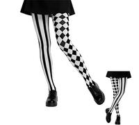 Costume da clown da donna, collant arlecchino nero e bianco, per carnevale, circo, pantomima, a righe, motivo a quadri
