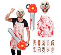Costume da Clown Serial Killer, Costumi Macellaio Halloween da Uomo, Maschera da Clown Horror Adesivo insanguinato Grembiule Gonfiabile Motosega per Carnevale Halloween Spaventoso Cosplay Festa