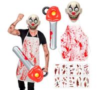 Costume da Clown Serial Killer, Costumi Macellaio Halloween da Uomo, Maschera da Clown Horror Adesivo insanguinato Grembiule Gonfiabile Motosega per Carnevale Halloween Spaventoso Cosplay Festa