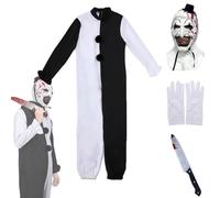 Costume da clown terrificante per adulti, 4 pezzi, tuta da clown spaventosa per Halloween, con maschera, guanti, coltello, puntelli (bianco e nero, XL)