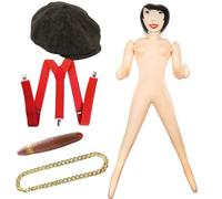 Costume da commerciante di mercato per adulti, berretto piatto marrone, bretelle rosse, bambola gonfiabile femminile, catena dorata, sigaro finto, costume da uomo commedia icona TV show