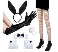 Costume da coniglietto da donna, 7 pezzi, con orecchie di coniglio, fascia per capelli, guanti, papillon, polsini, coda, calze a rete, costume sexy per Halloween, costume da donna